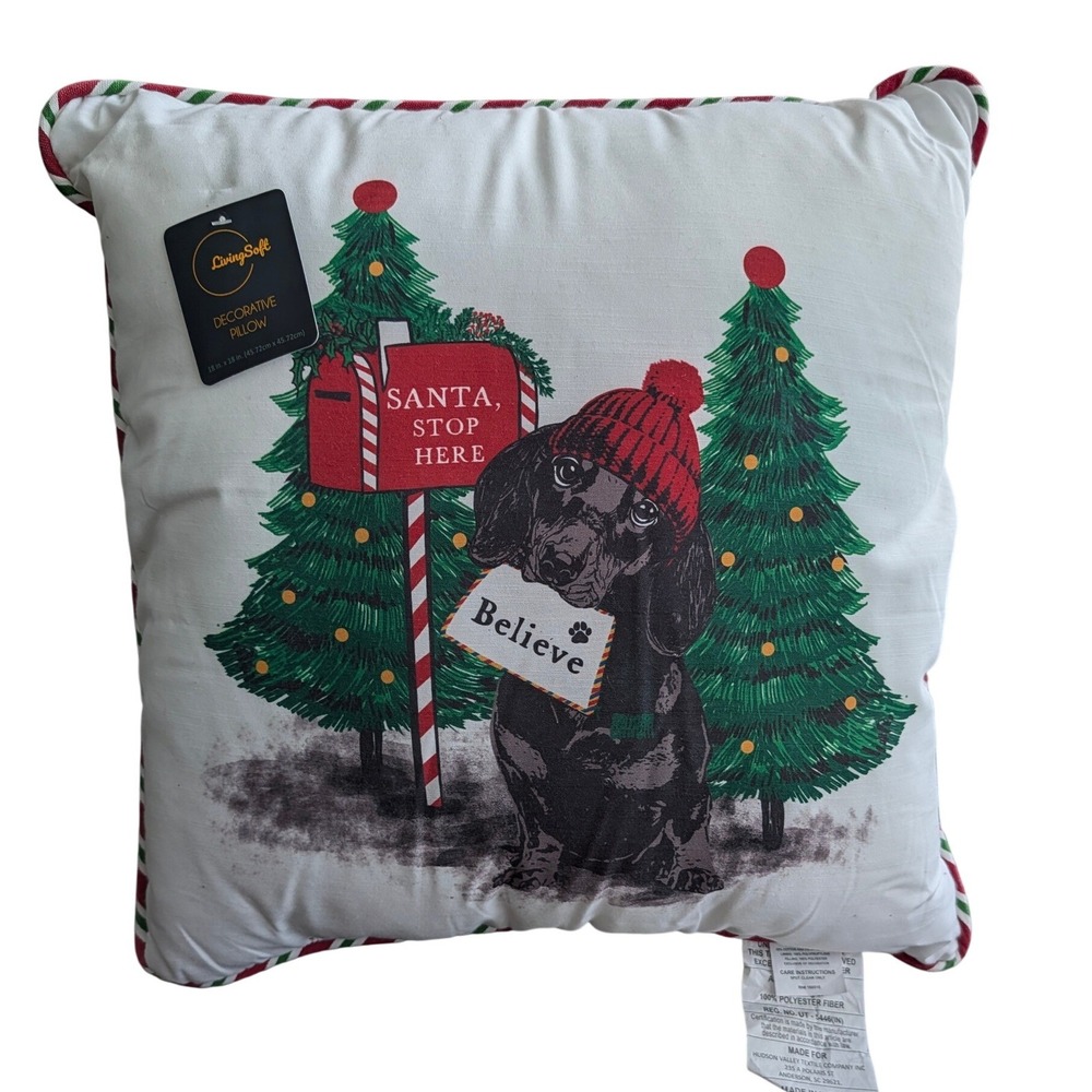 LivingSoft Christmas Dachshund Believe Decorative Pillow 18x18 NWT Holiday Dog